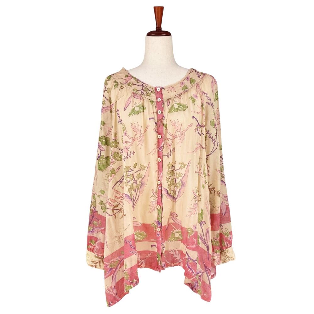 DONNA KARAN Vtg 90s Donna Karan Cotton Silk Floral Print Button-Up Tunic US 8
